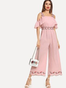 Flower Embroidered Cold Shoulder Culotte Jumpsuit