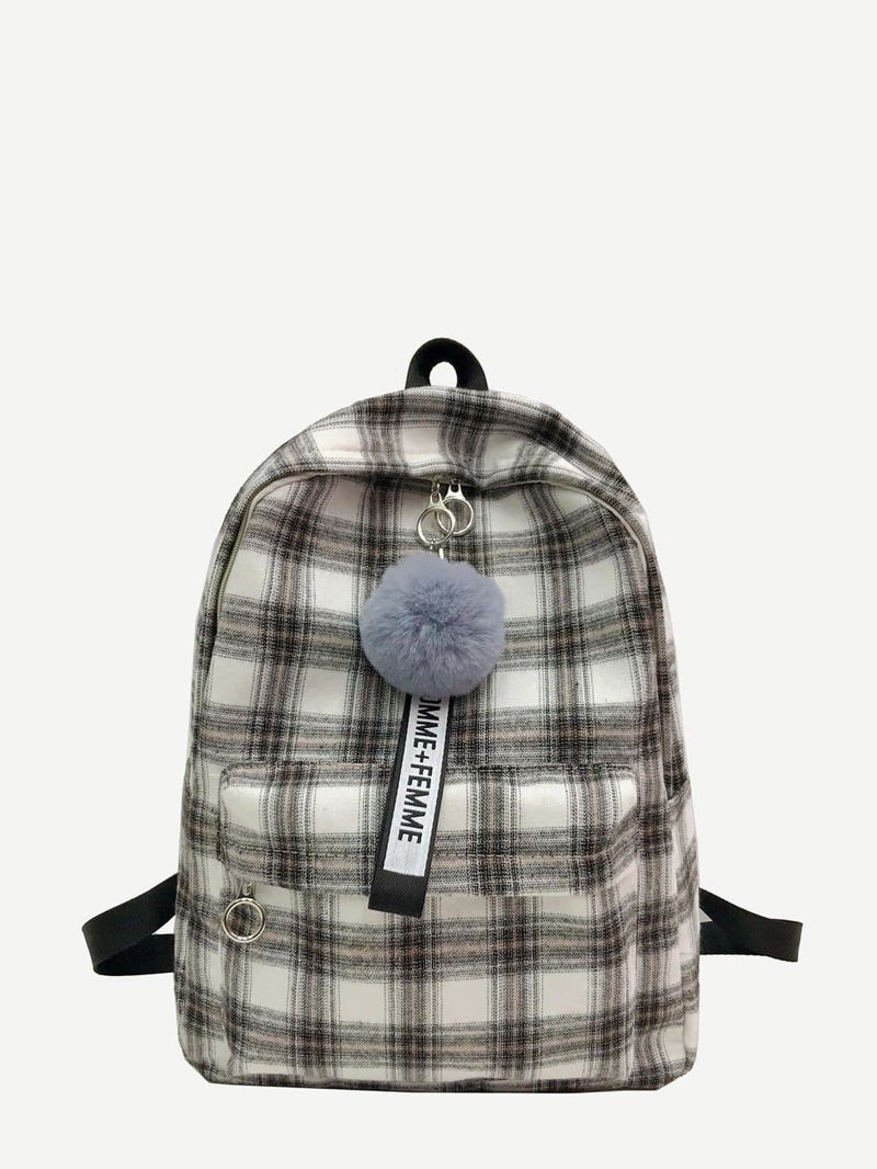 

Plaid Backpack With Pom Pom, Multicolor
