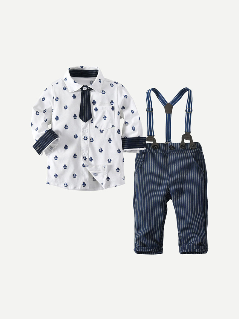 

Boys All Over Printed Shirt With Striped Overalls, Multicolor