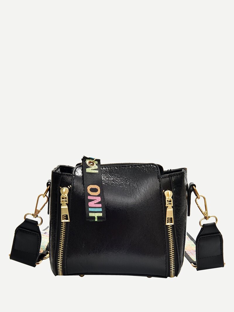 

Zipper Shoulder Bag With Slogan Strap, Black