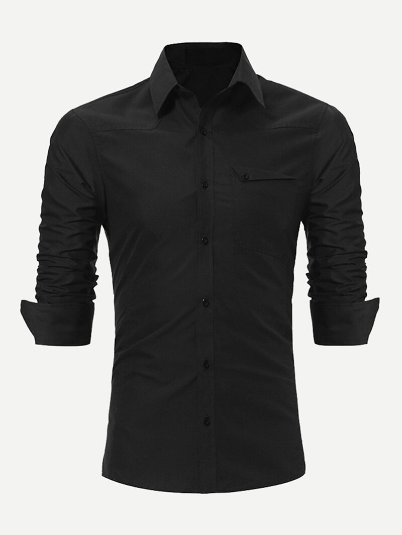 

Men Plain Curved Hem Shirt, Black