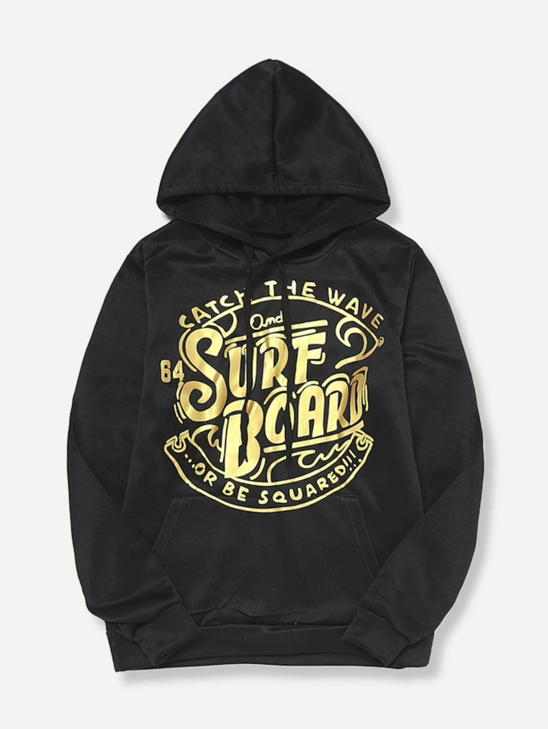 

Men Abstract Letter Print Hooded Sweatshirt, Black