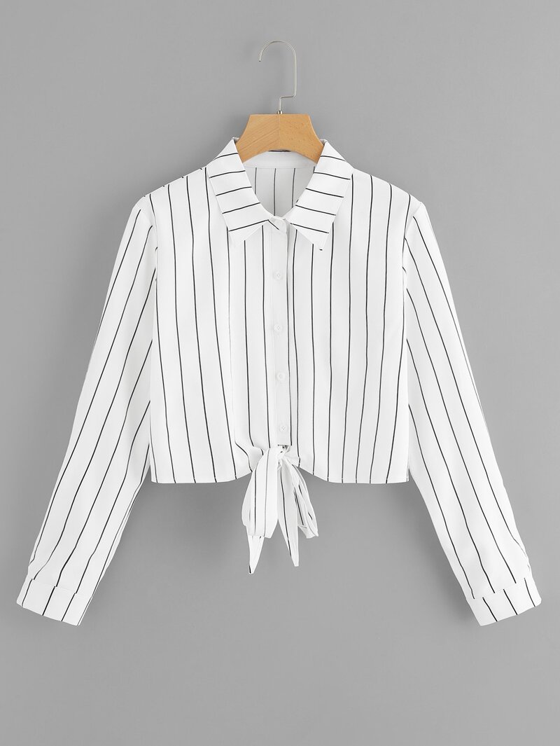 

Knot Hem Single Breasted Striped Blouse, White