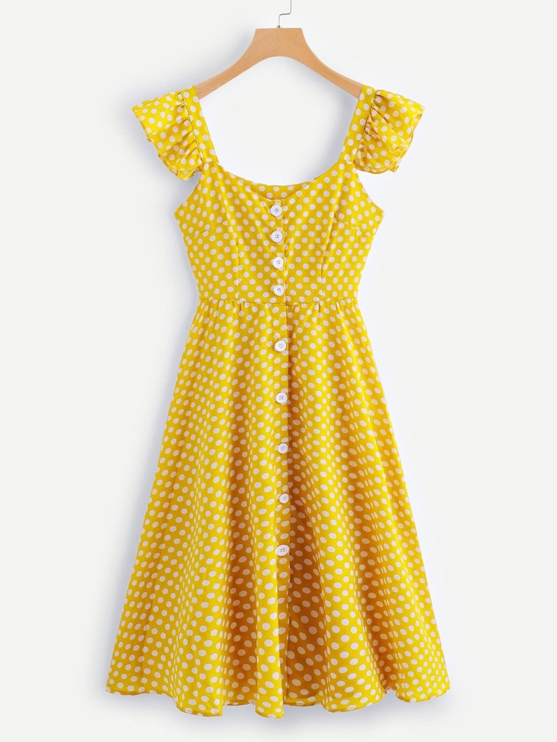 Single Breasted Polka Dot Dress, Yellow