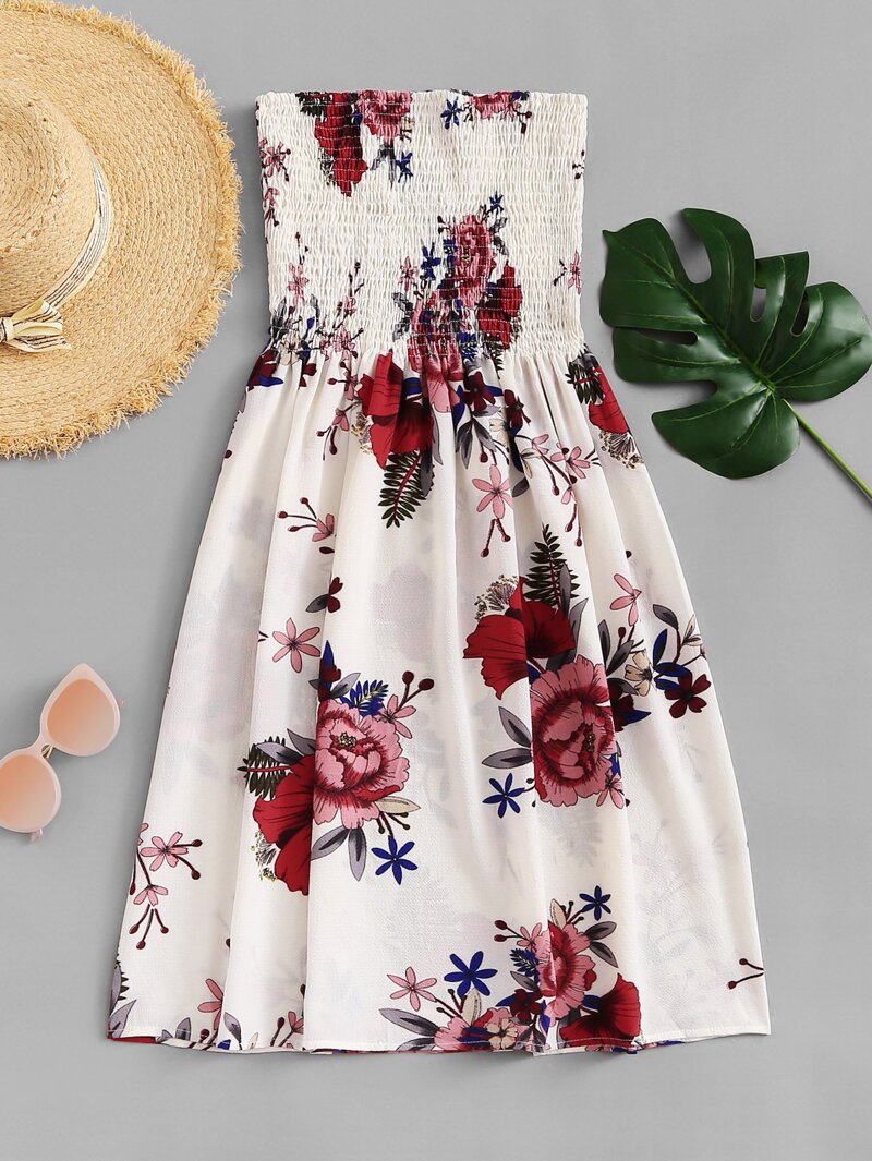 

Floral Print Shirred Tube Dress, Beige