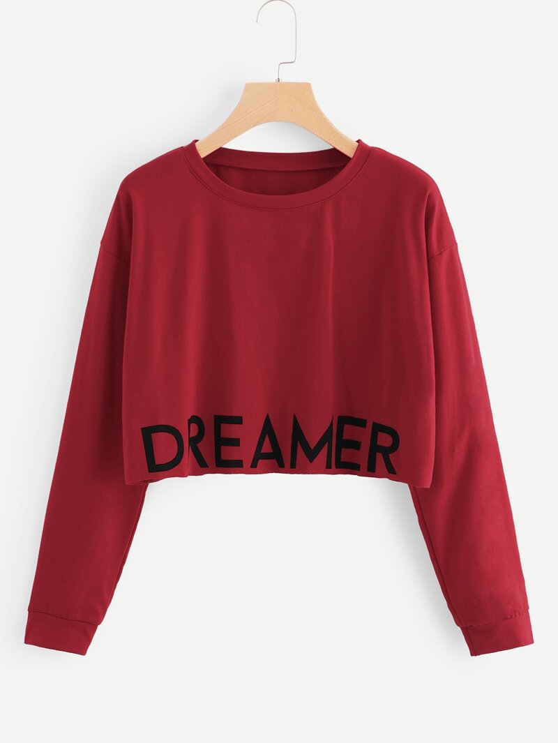 

Letter Print Crop Sweatshirt, Red