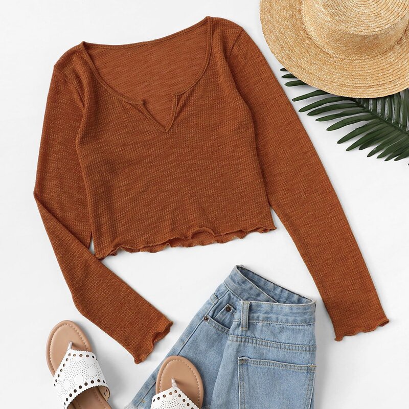 

Lettuce Trim Notch Neck Tee, Rust brown