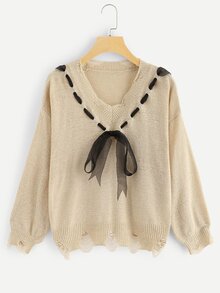 Knot Front Ripped Sweater