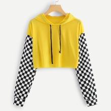 Gingham Panel Drawstring Hooded Tee