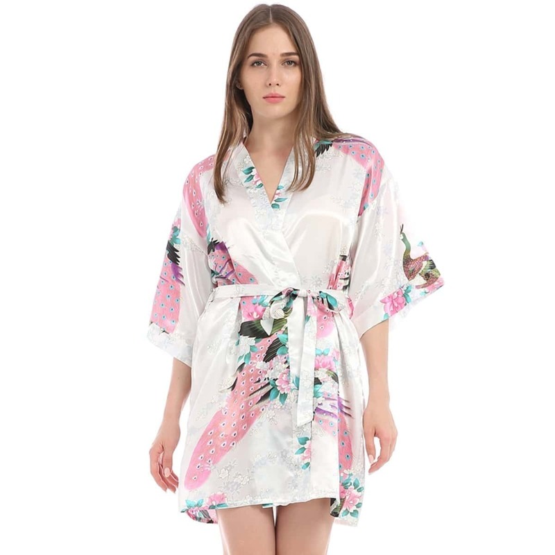 

Peacock & Flower Print Self Tie Robe, Multicolor