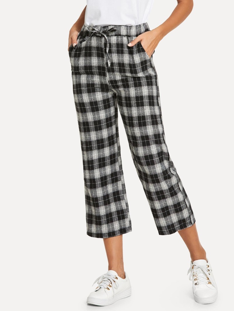 

Drawstring Waist Plaid Pant, Black