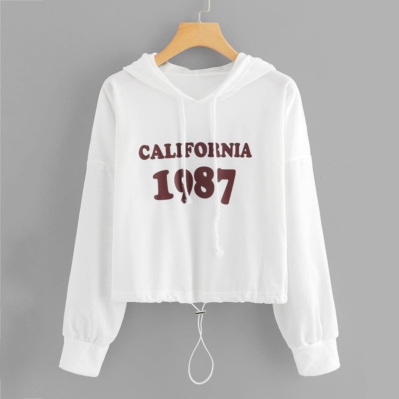 

Letter Print Drawstring Hem Sweatshirt, White