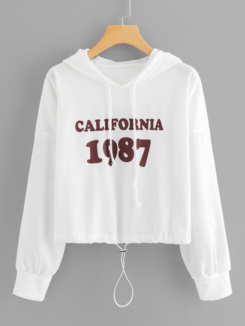 

Letter Print Drawstring Hem Sweatshirt, White