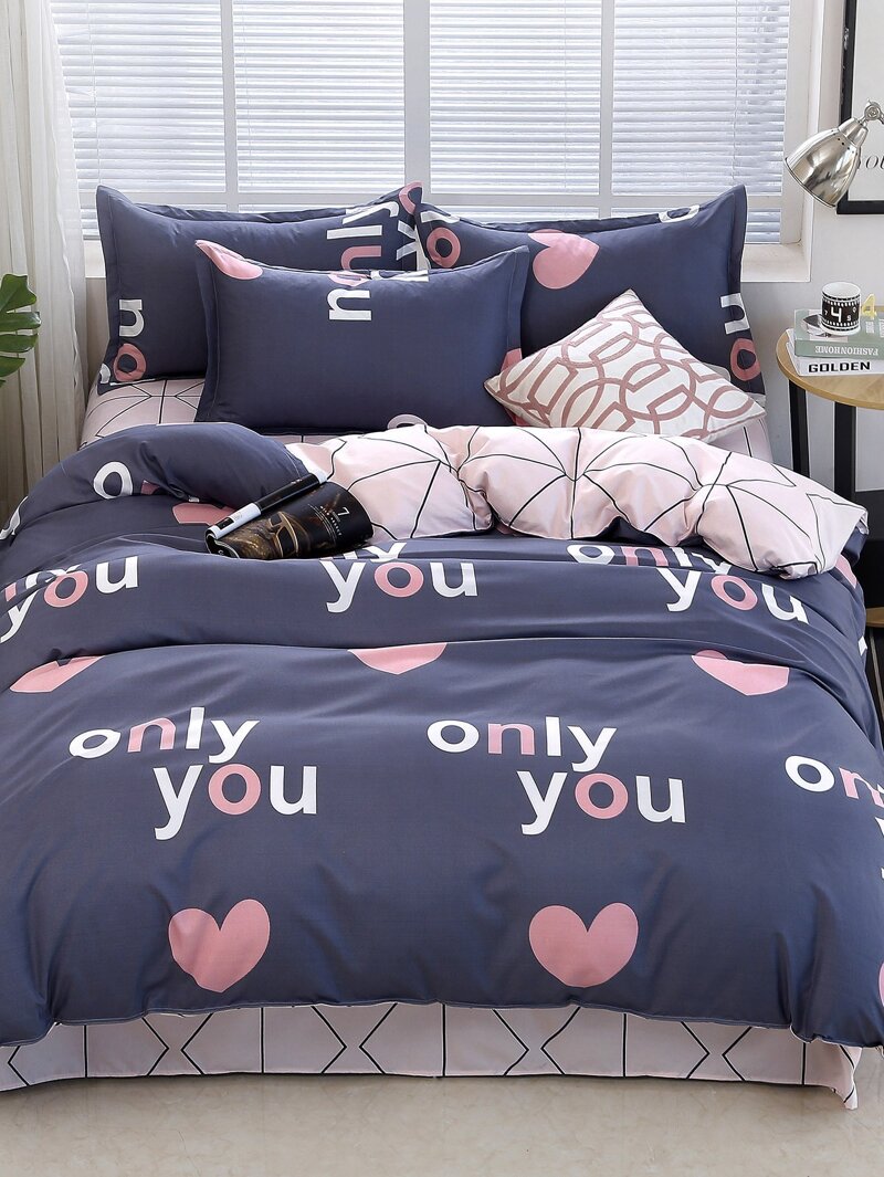 

Letter & Heart Print Sheet Set, Multicolor