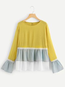 Flounce Sleeve Colorblock Blouse