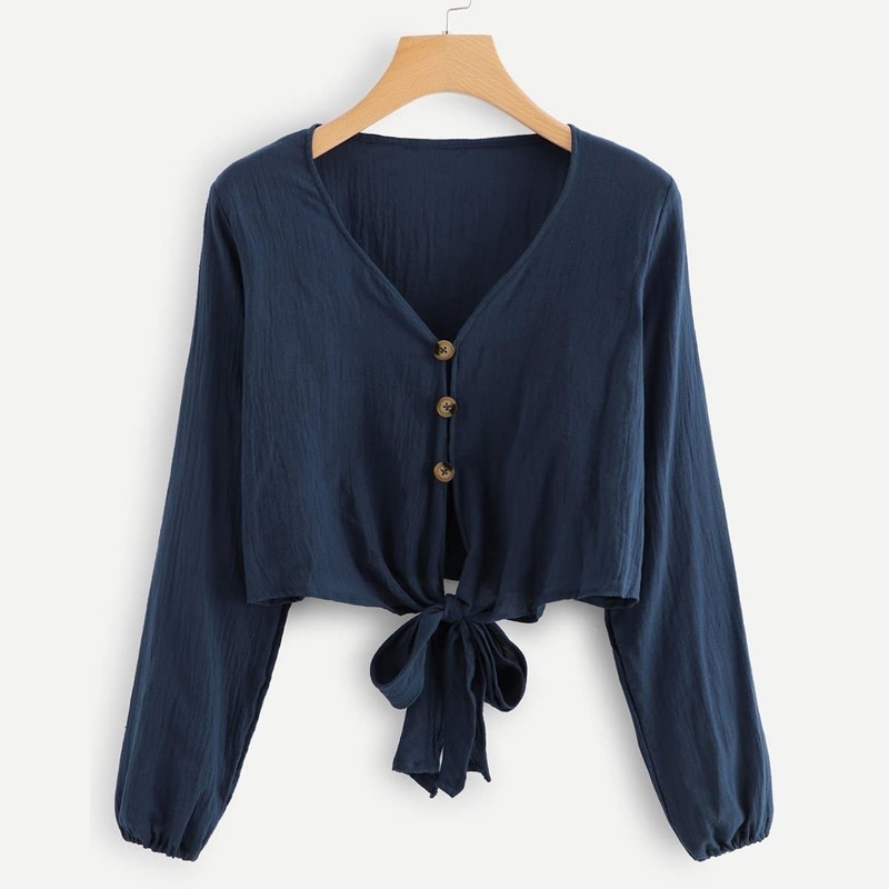 

Single Breasted Knot Hem Blouse, Navy