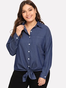 Plus Knot Front Drop Shoulder Denim Shirt