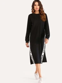 Letter Tape Side Split Sweatshirt Dress - Black - View 4