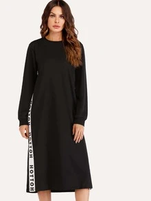 Letter Tape Side Split Sweatshirt Dress - Black - View 3