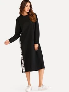 Letter Tape Side Split Sweatshirt Dress - Black - View 5