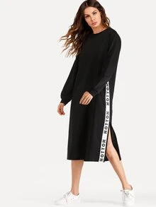 Letter Tape Side Split Sweatshirt Dress - Black - View 7