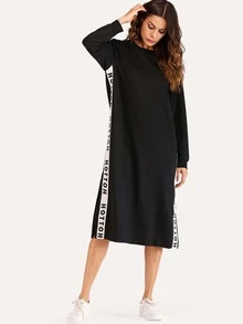 Letter Tape Side Split Sweatshirt Dress - Black - View 6