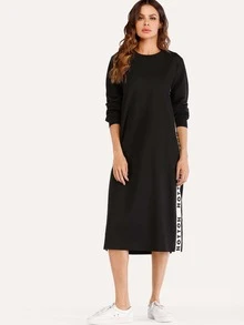 Letter Tape Side Split Sweatshirt Dress - Black - View 8