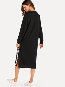 Letter Tape Side Split Sweatshirt Dress - Black - View 2