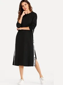 Letter Tape Side Split Sweatshirt Dress - Black - View 1