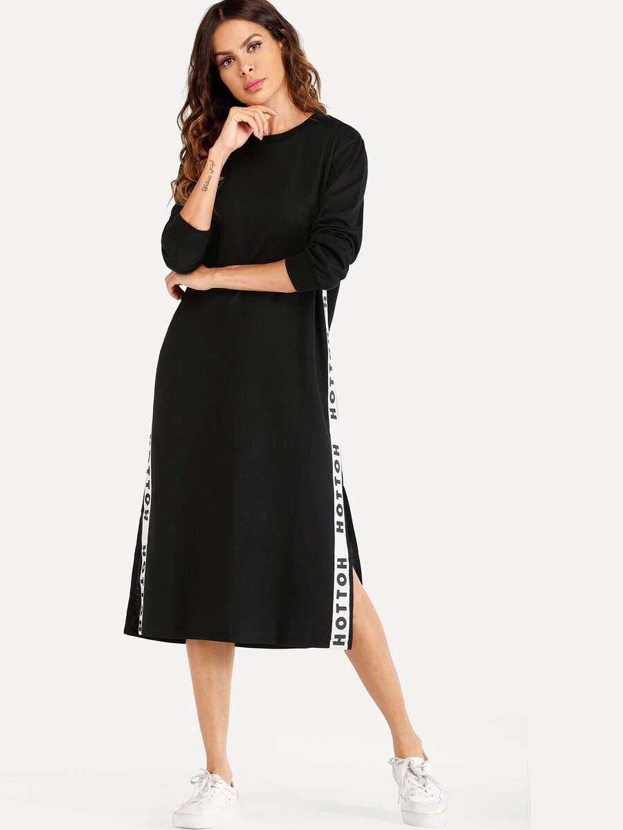 Letter Tape Side Split Sweatshirt Dress - Black - View 1