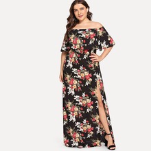 Plus Off-Shoulder Split Side Floral Dress