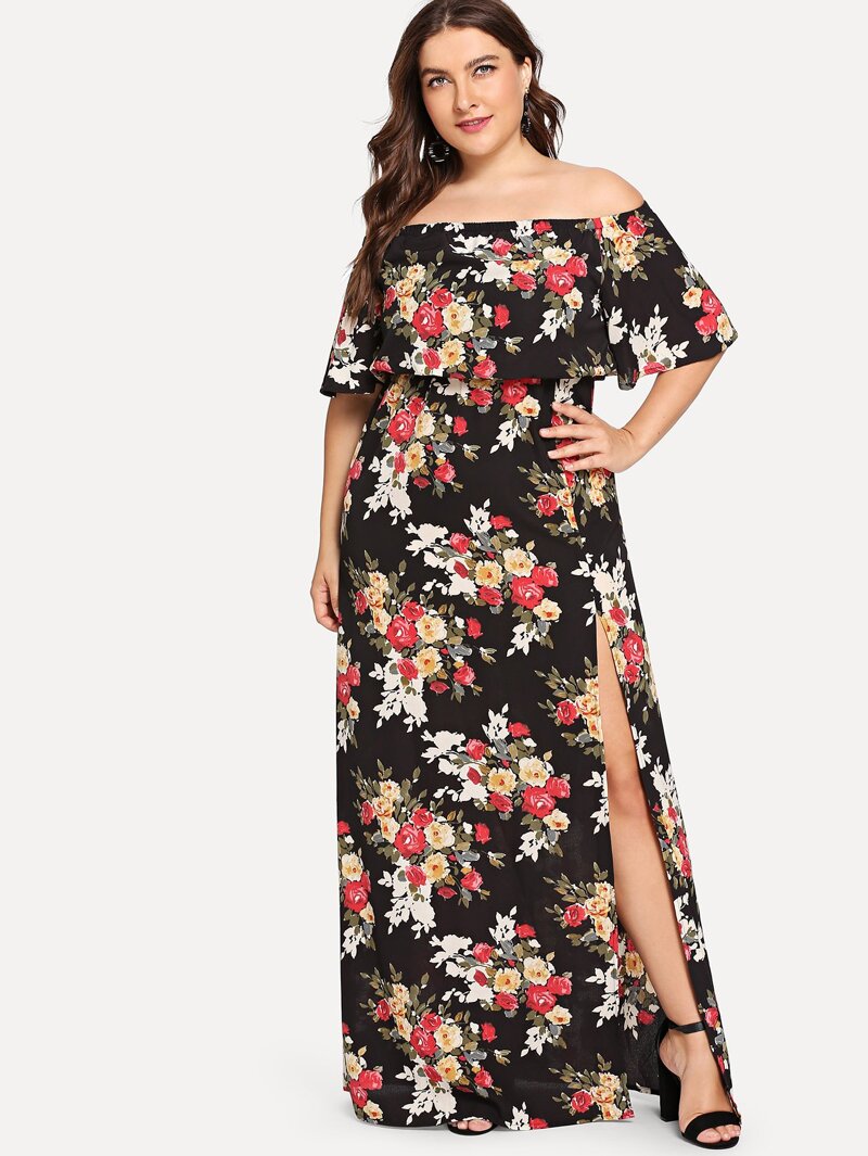 

Plus Off-Shoulder Split Side Floral Dress, Multicolor