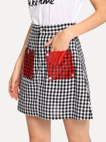 PVC Panel Plaid Button Detail Skirt