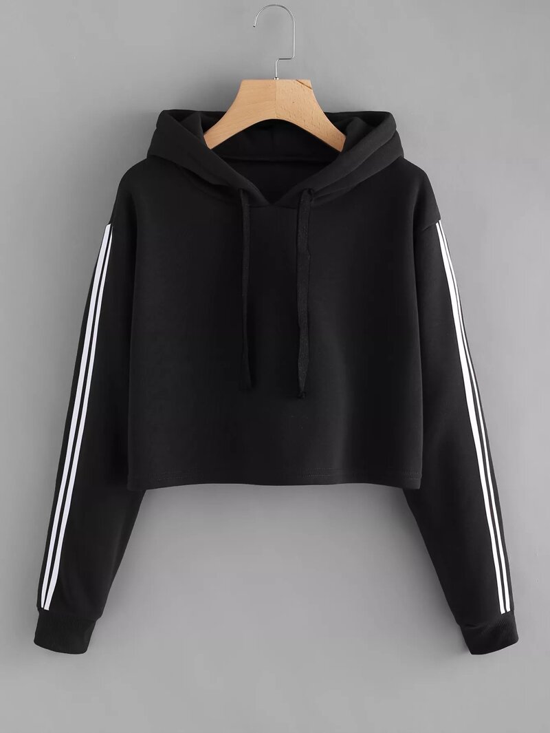 

Plus Stripe Contrast Sleeve Crop Hoodie, Black