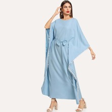 Pom Pom Trim Belted Poncho Dress