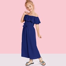 Girls Off Shoulder Waist Drawstring Flounce Jumpsuit
