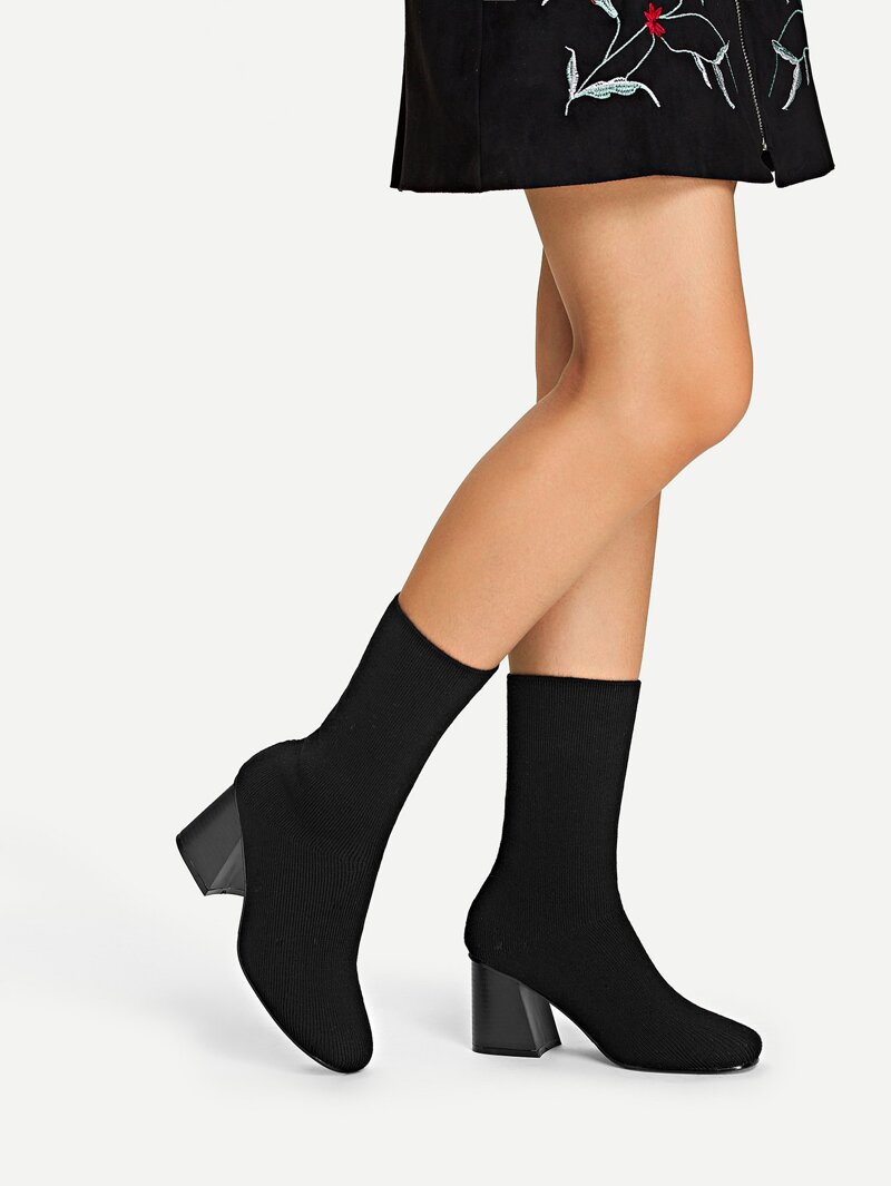

Block Heeled Knit Sock Boots, Black