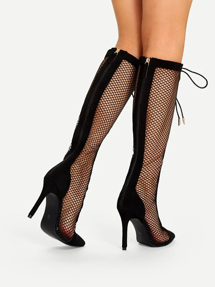 fishnet knee highs boots