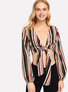 Bishop Sleeve Knot Front Striped Blouse