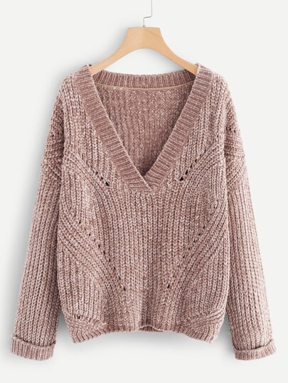 V Neck Rolled Cuff Chenille Sweater