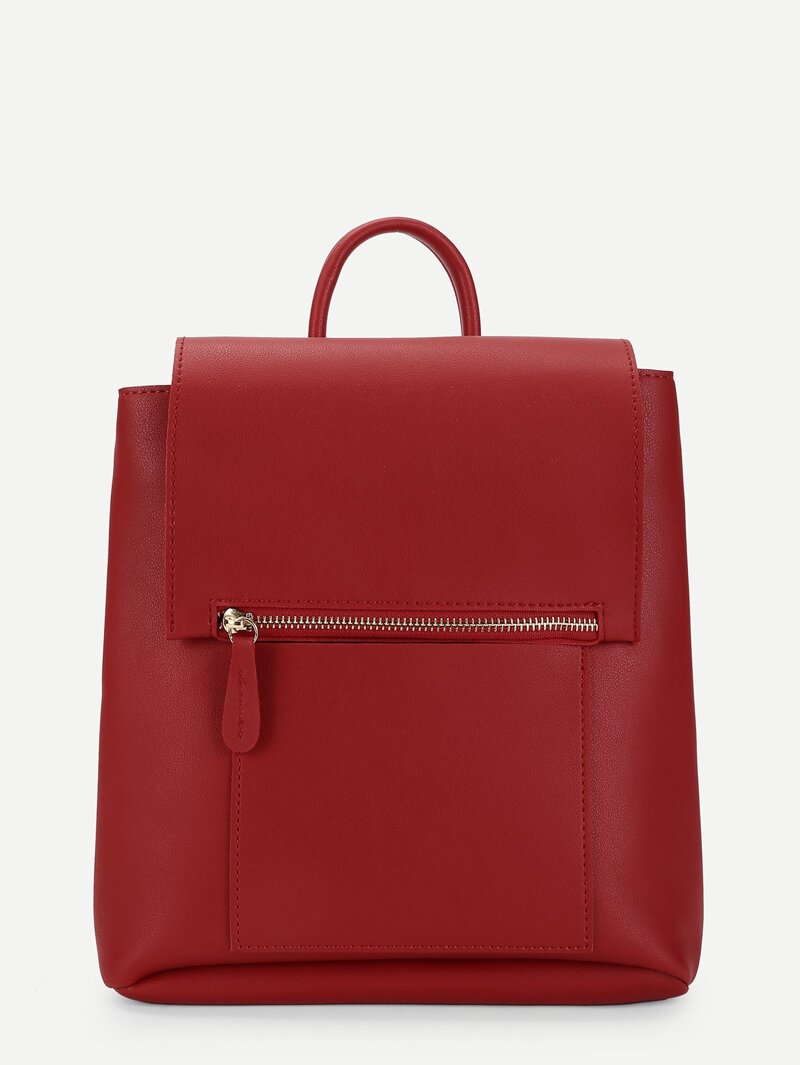 Zipper Front Flap PU Backpack, Red