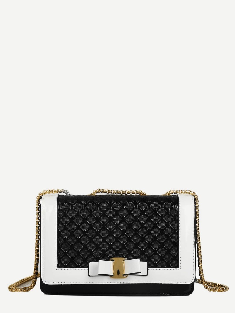 

Bow Decor Quilted Chain Bag, Black and white