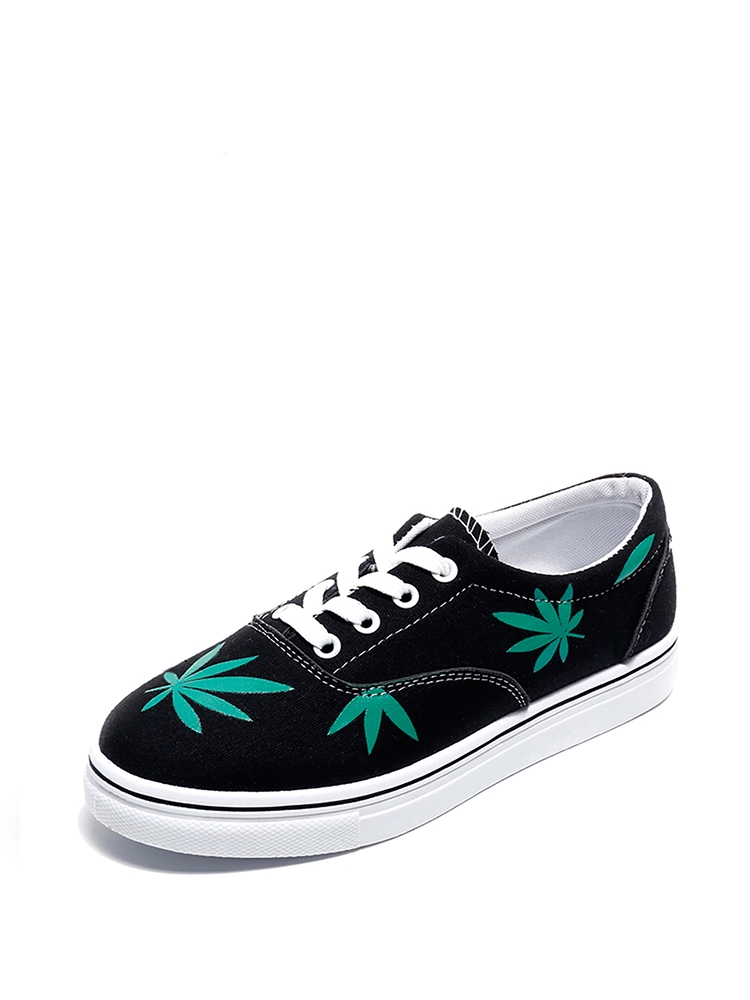 

Leaf Print Lace Up Sneakers, Black
