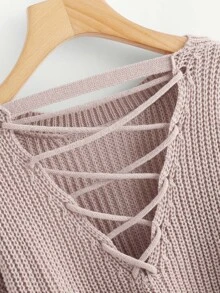 SHEIN Unity Lace-Up V Back Crop Jumper - Dusty Pink - View 4