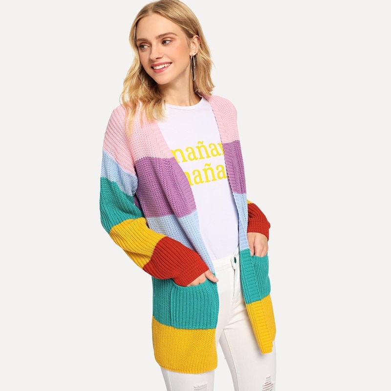

Pocket Front Open Placket Colorblock Cardigan, Multicolor