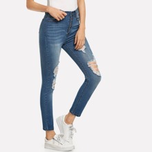 Bleach Dye Ripped Buttoned Jeans