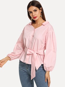 Solid Tie Waist Button Front Blouse