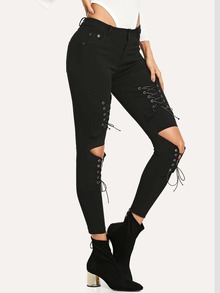 Lace Up Skinny Ripped Jeans