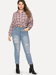 Plus Size Jeans ฉีก เรียบง่าย สีน้ำเงิน ไม่เป็นทางการ - สียีนส์อ่อน - ดู 3