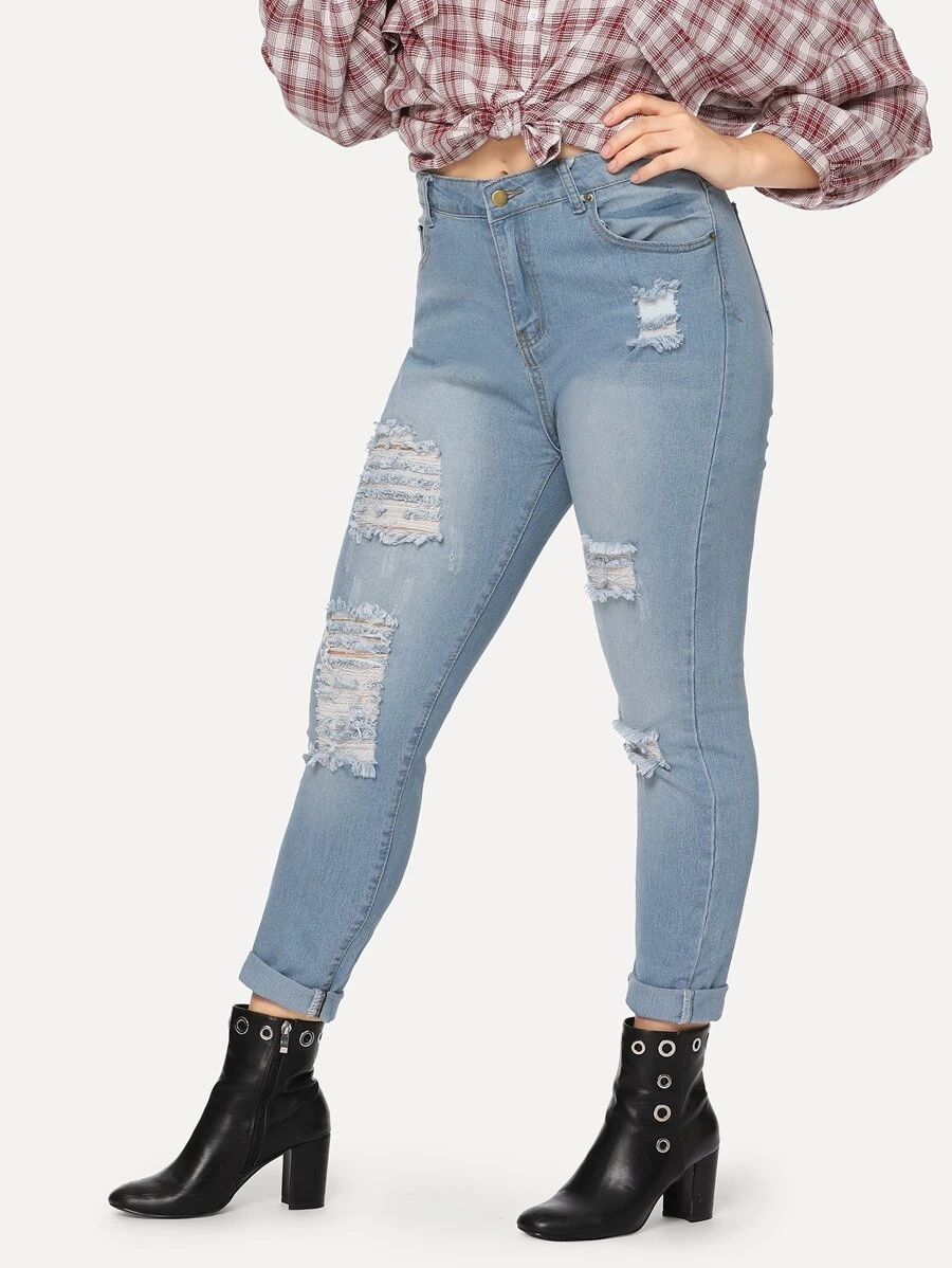 Plus Size Jeans ฉีก เรียบง่าย สีน้ำเงิน ไม่เป็นทางการ - สียีนส์อ่อน - ดู 1
